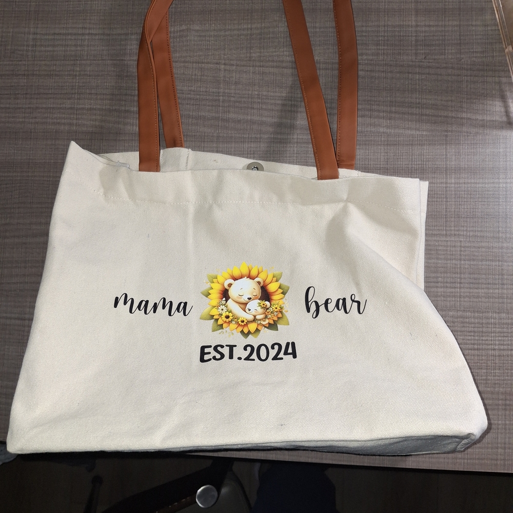 Mama Bear Canvas Tote Bag - Cream and Tan